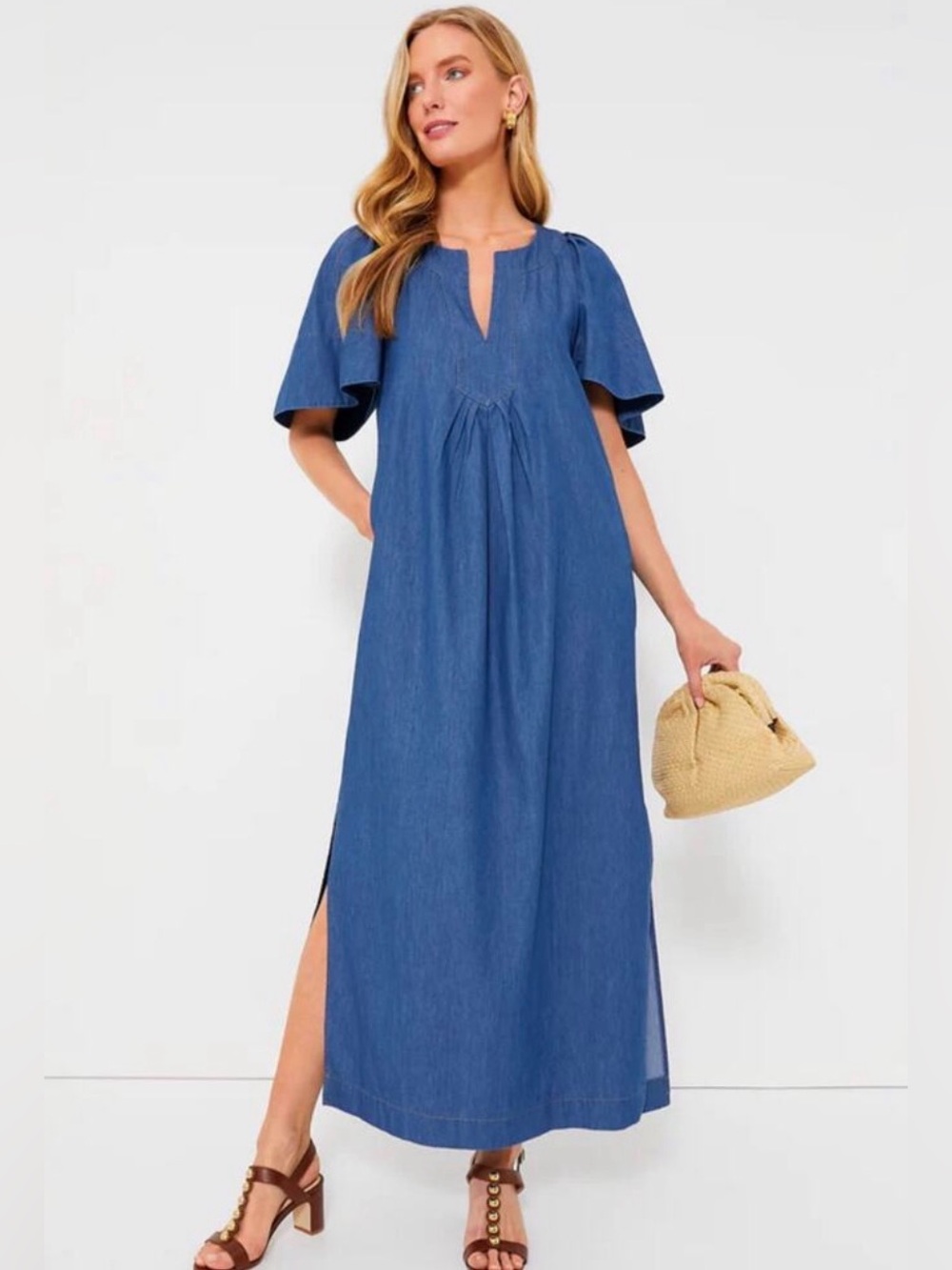 POMANDER PLACE Denim Finley Flutter Sleeve Maxi Dress Small